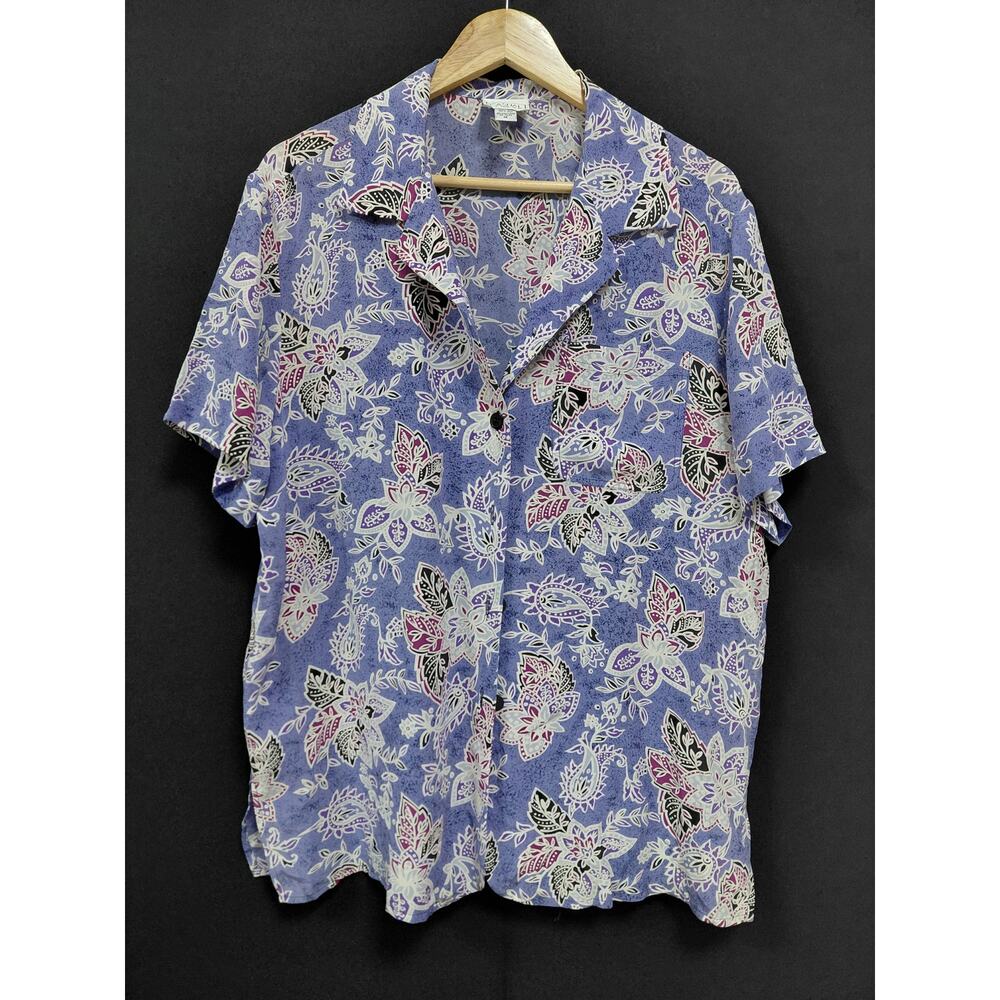 CASUAL CORNER Floral Shirt Blue Short Sleeve Collared 100% Silk Men Size M